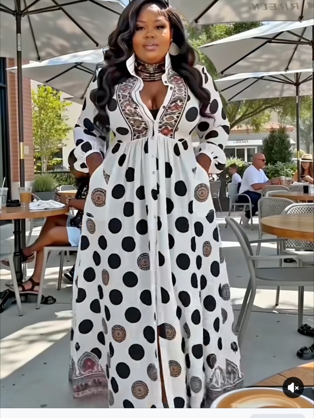 Polka Dot Maxi Dress with Medallion Accents - White & Black